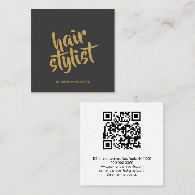 Modern hair stylist script gray gold qr code  square business card (Front/Back)