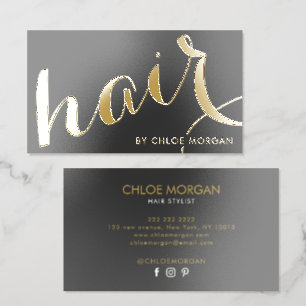 Modern hair stylist script gray gold raised spot UV business card