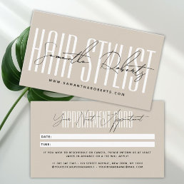 Modern hair stylist script typography beige appointment card