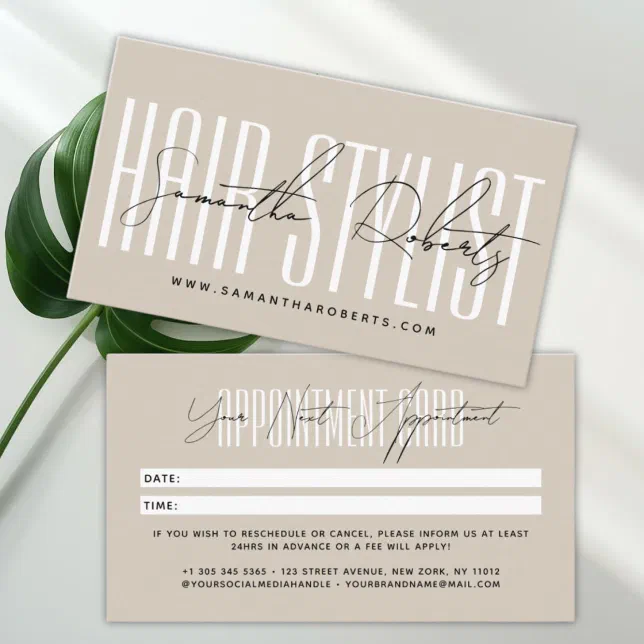 Modern hair stylist script typography beige appointment card | Zazzle