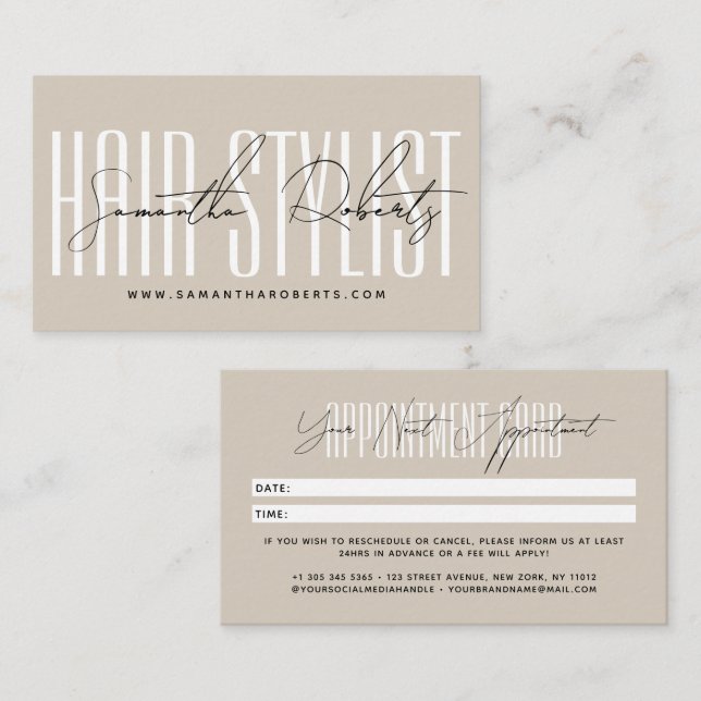 Modern hair stylist script typography beige appointment card (Front/Back)