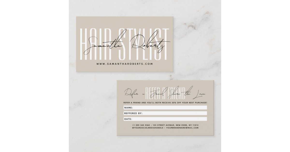 Modern hair stylist script typography customer referral card | Zazzle