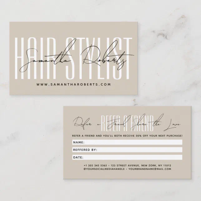 Modern hair stylist script typography customer referral card | Zazzle