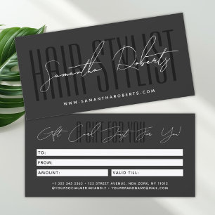 Modern hair stylist script typography gift card