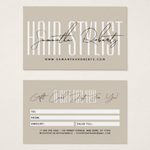 Modern hair stylist script typography gift card