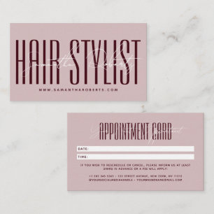 Modern hair stylist script typography pink red appointment card