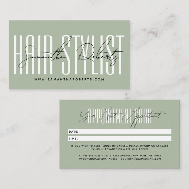 Modern hair stylist script typography sage green appointment card (Front/Back)