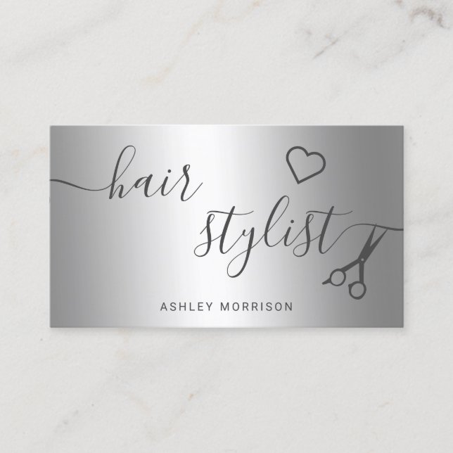 Modern hair stylist silver metallic scissors business card (Front)