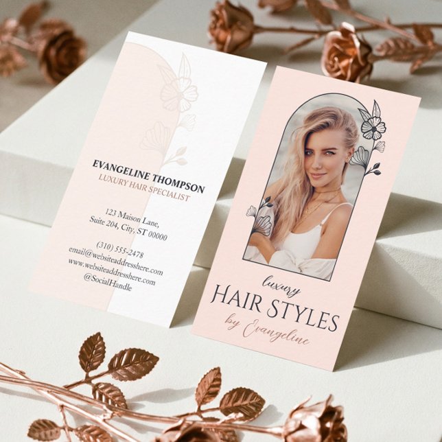 Modern Hair Stylist Studio Floral Rose Arch Photo Business Card (Modern Hair Stylist Studio Floral Rose Arch Photo Business Card)