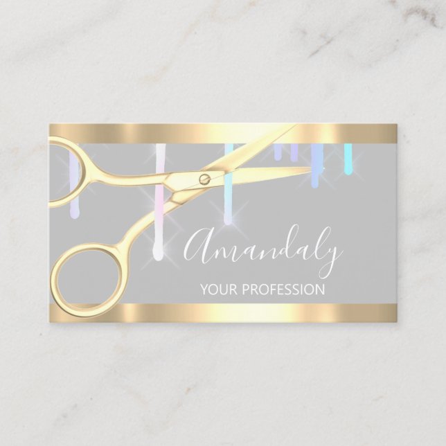 Modern Hairdresser Coiffeur Scissors Drips Gray Business Card (Front)