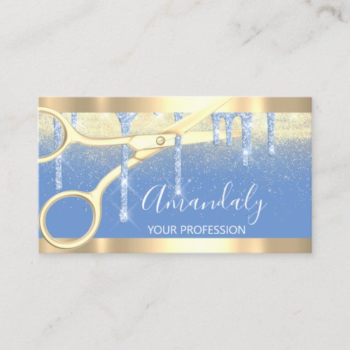 Modern Hairdresser Scissors Drip Gold Blue Glitter Business Card