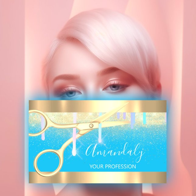 Modern Hairdresser Scissors Drips Gold Blue Business Card (Modern Hairdresser Scissors Drips Gold Blue Business Card)