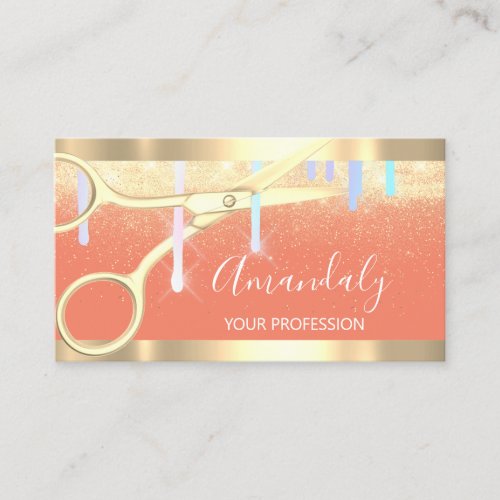 Modern Hairdresser Scissors Drips Gold Orange Business Card