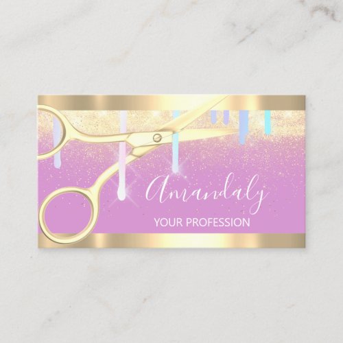 Modern Hairdresser Scissors Drips Gold Pink Business Card