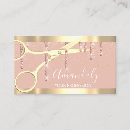 Modern Hairdresser Scissors Drips Gold Rose Blush Business Card