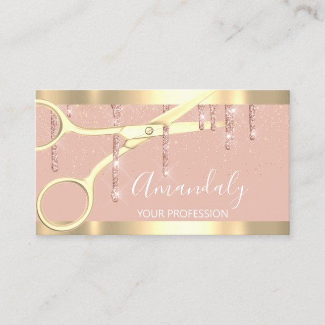 Modern Hairdresser Scissors Drips Gold Rose Blush Business Card (Front)