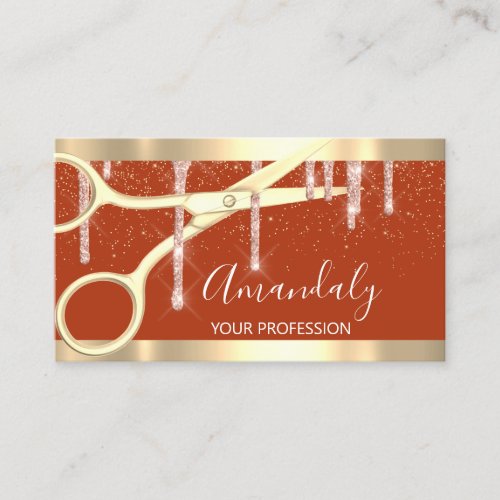 Modern Hairdresser Scissors Drips Gold Rose Coral Business Card