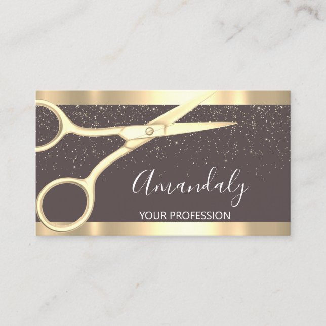 Modern Hairdresser Scissors Gold Confetti Skinny Business Card (Front)