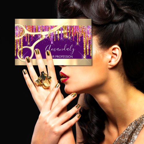 Modern Hairdresser Scissors Purple Drips Glitter Business Card