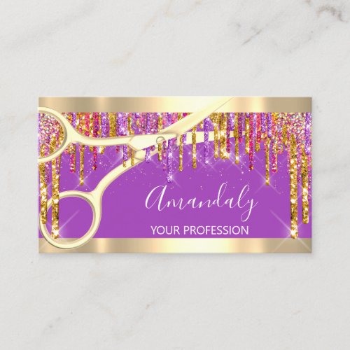 Modern Hairdresser Scissors Purple Violet Gold Business Card