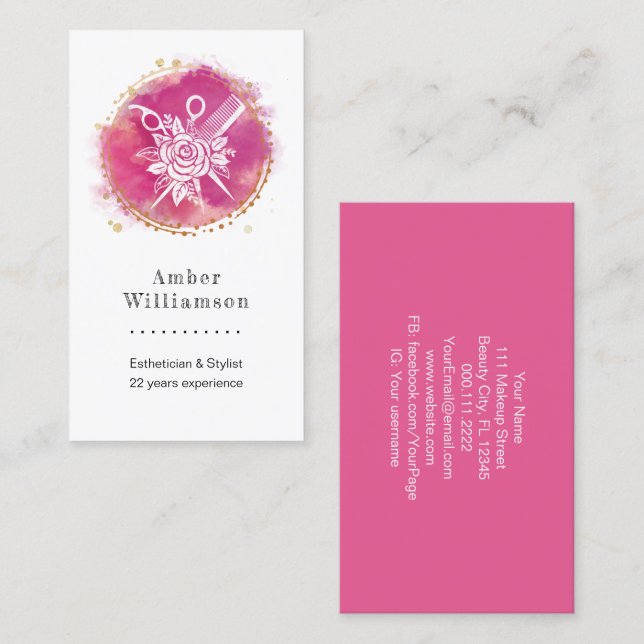 Modern Hairdresser Stylist Scissors Comb Pink Chic Business Card (Front/Back)