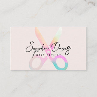 Modern Hairstylist Holograph Scissors Logo Script Business Card