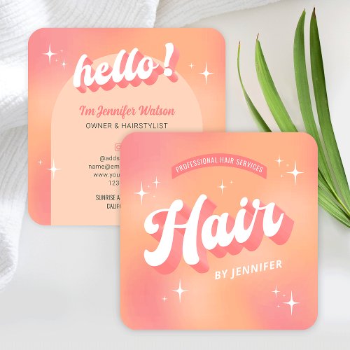 Modern Hairstylist Salon Groovy Trendy Peach Hair Square Business Card
