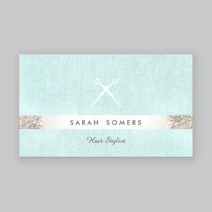 Modern Hairstylist Scissors Logo Sequin Turquoise Business Card