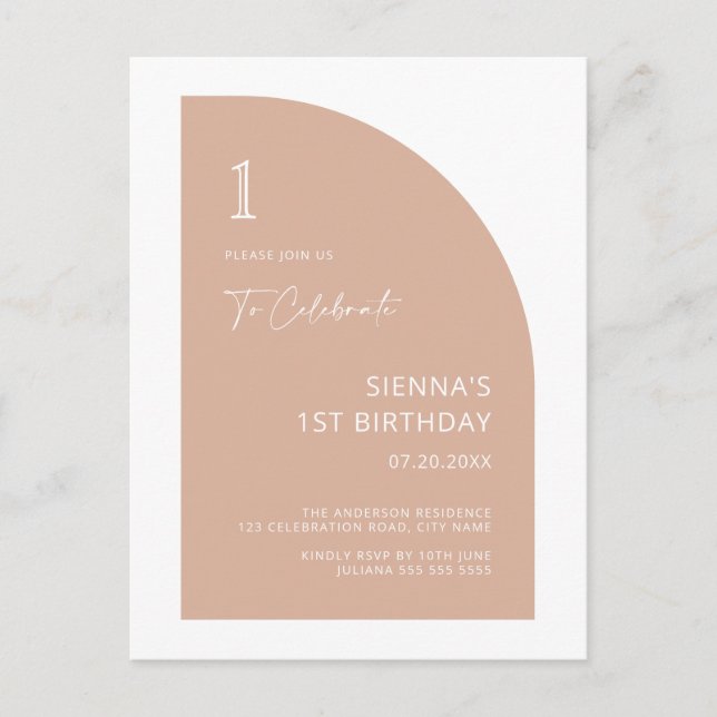 Modern Half Arch Blush Pink Girl 1st Birthday Invi Postcard (Front)