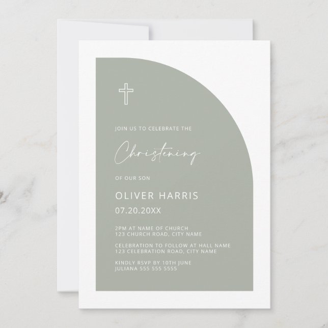 Modern Half Arch Sage Green Boy Christening Invitation (Front)