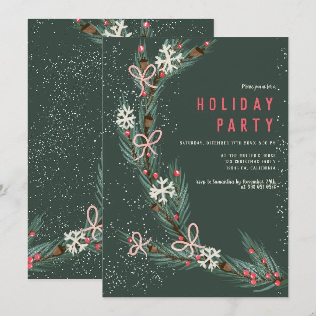 Modern half Christmas wreath pine illustration Invitation (Front/Back)