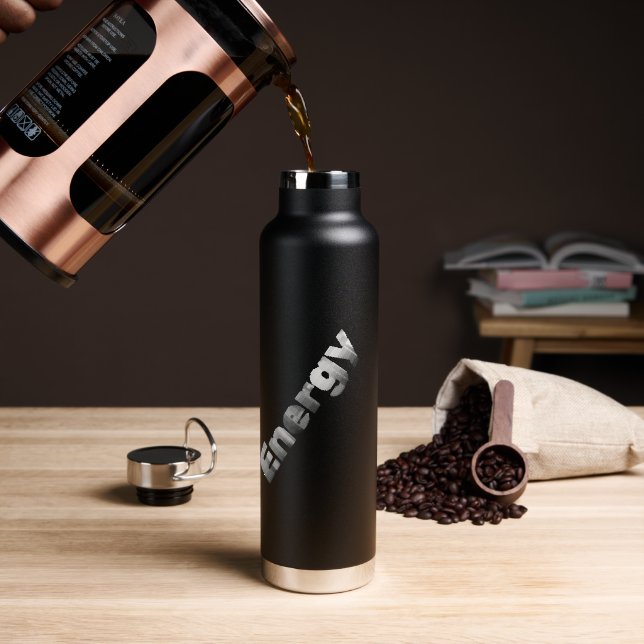 Modern Halftone "Energy" Typography Black  Water Bottle (Coffee (Rotated))