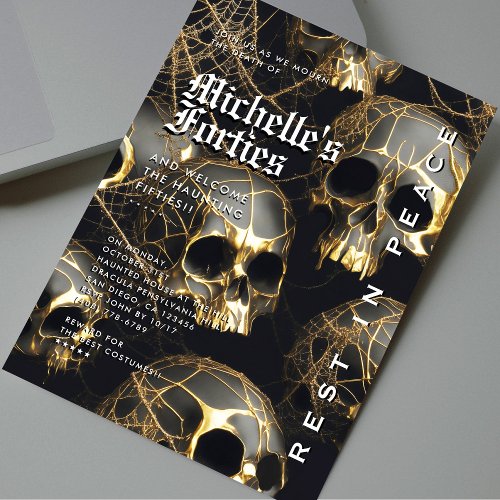 Modern Halloween 50th Birthday Black Gold Skull  Invitation