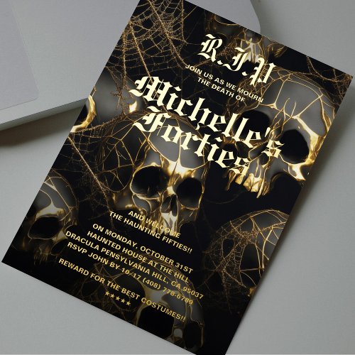 Modern Halloween 50th Birthday Party Skull Gold Foil Invitation