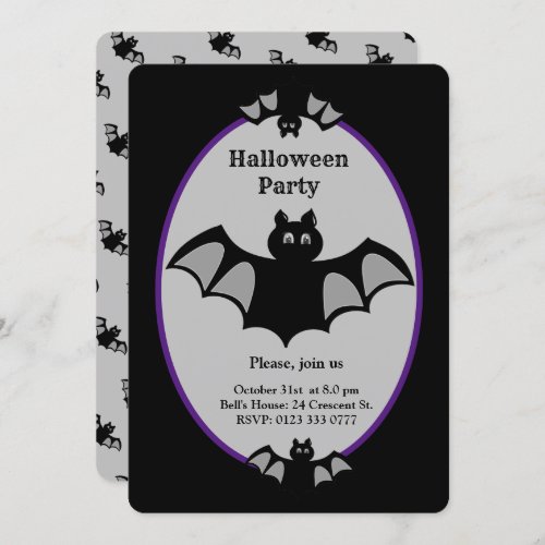 Modern Halloween bat on black and grey Invitation