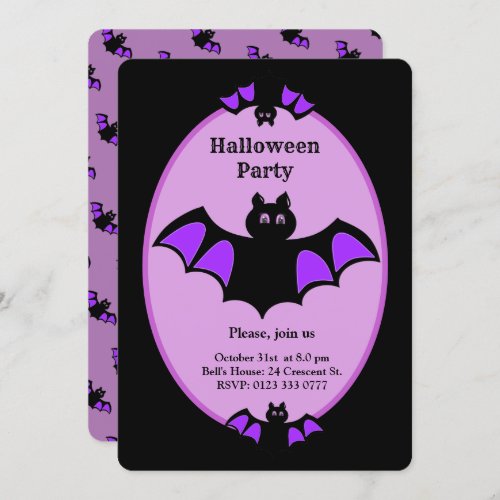 Modern Halloween bat on black and violet Invitation