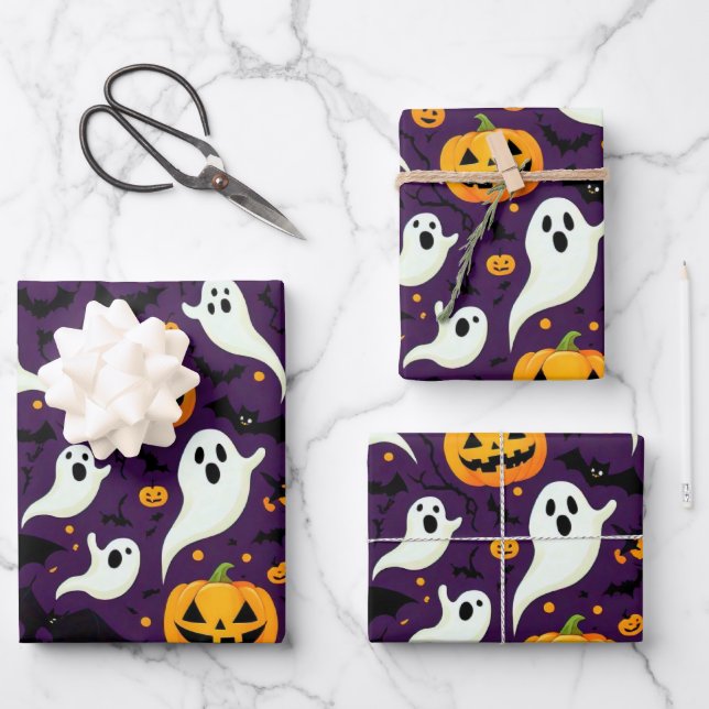 Modern Halloween Bats Pumpkin Ghost Pattern Purple Wrapping Paper Sheets (Front)
