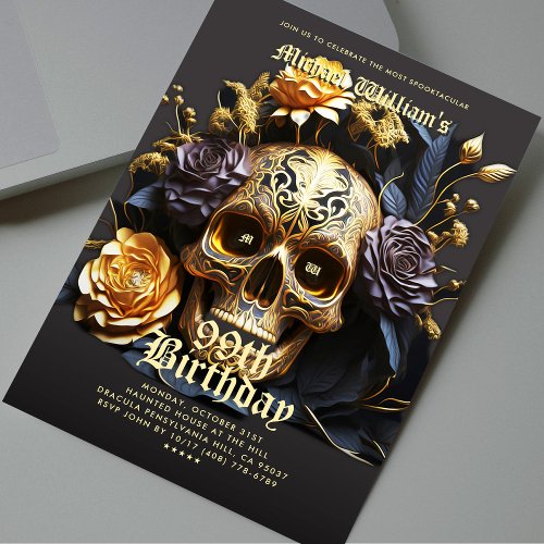 Modern Halloween Birthday Party Black Gold Skull  Invitation