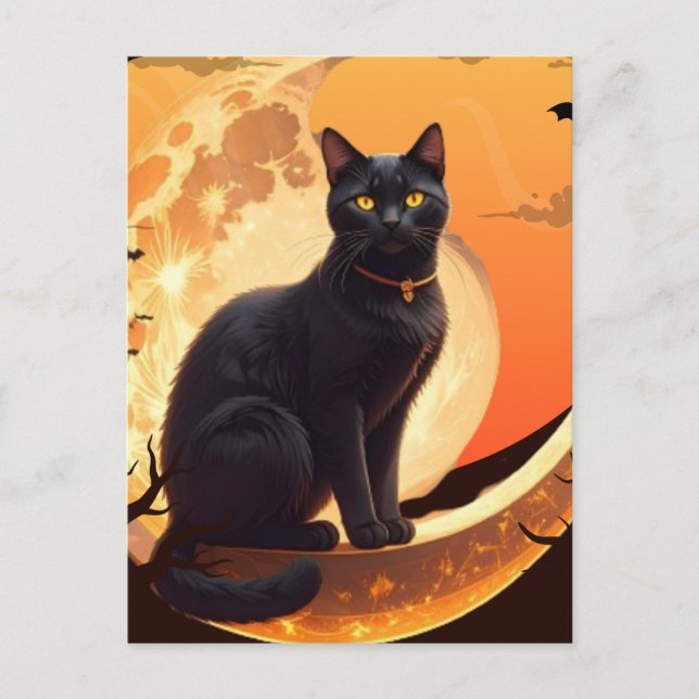 Modern Halloween Black Cat Postcard (Front)