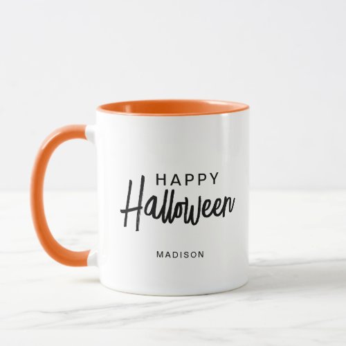 Modern Halloween Black Script Orange White Name Mug