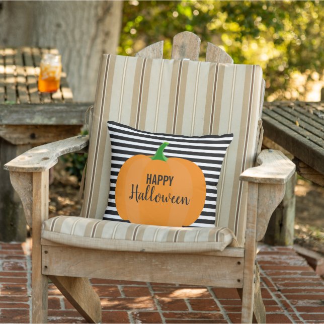 Modern Halloween Black Stripes with Pumpkin Outdoor Pillow (Chair)