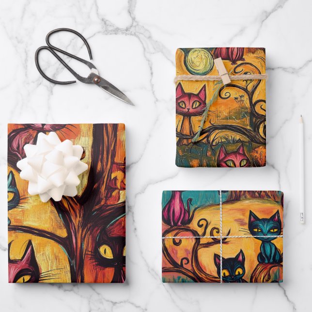 Modern Halloween Cats  Wrapping Paper Sheets (Front)