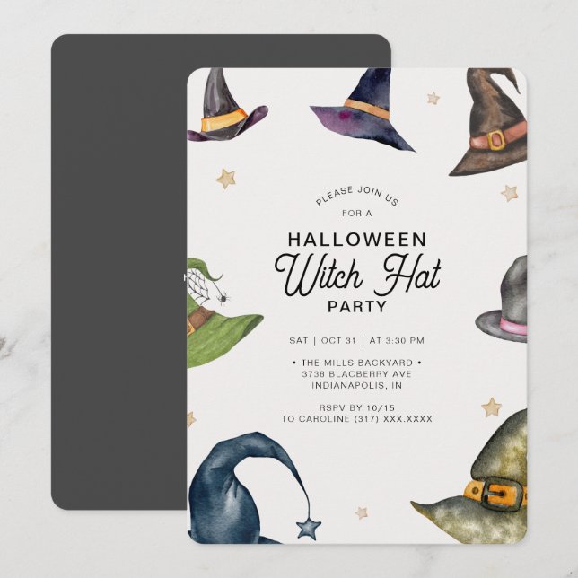 Modern Halloween Gray Witch Hat Party  Invitation (Front/Back)