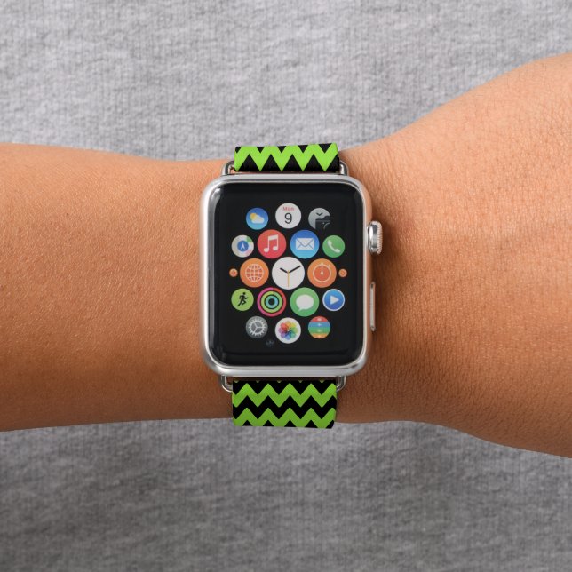Modern Halloween Green Black Pattern Monogrammed Apple Watch Band (In Situ)