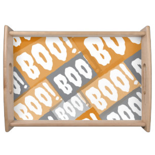 Modern Halloween Orange and Grey Boo Pattern Serving Tray