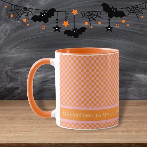 Modern Halloween Orange Pink Checkered Teacher Mug