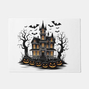 Modern Halloween Orange Pumpkin Haunted House Bats Doormat