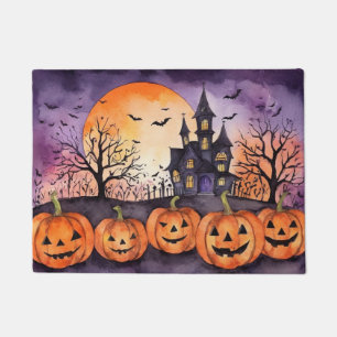 Modern Halloween Orange Pumpkin Haunted House Bats Doormat