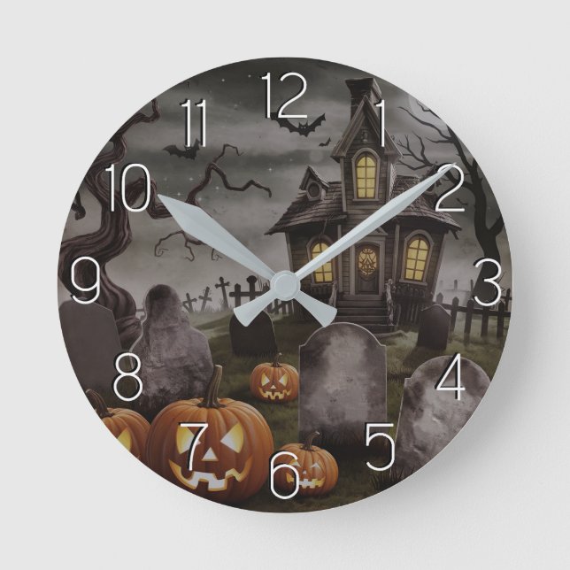 Modern Halloween Orange Pumpkin haunted house      Round Clock (Front)