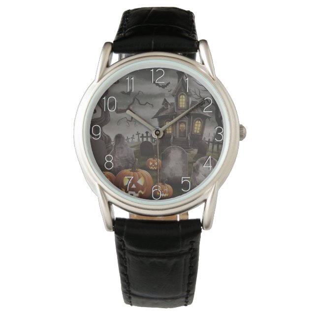 Modern Halloween Orange Pumpkin haunted house      Watch (Front)